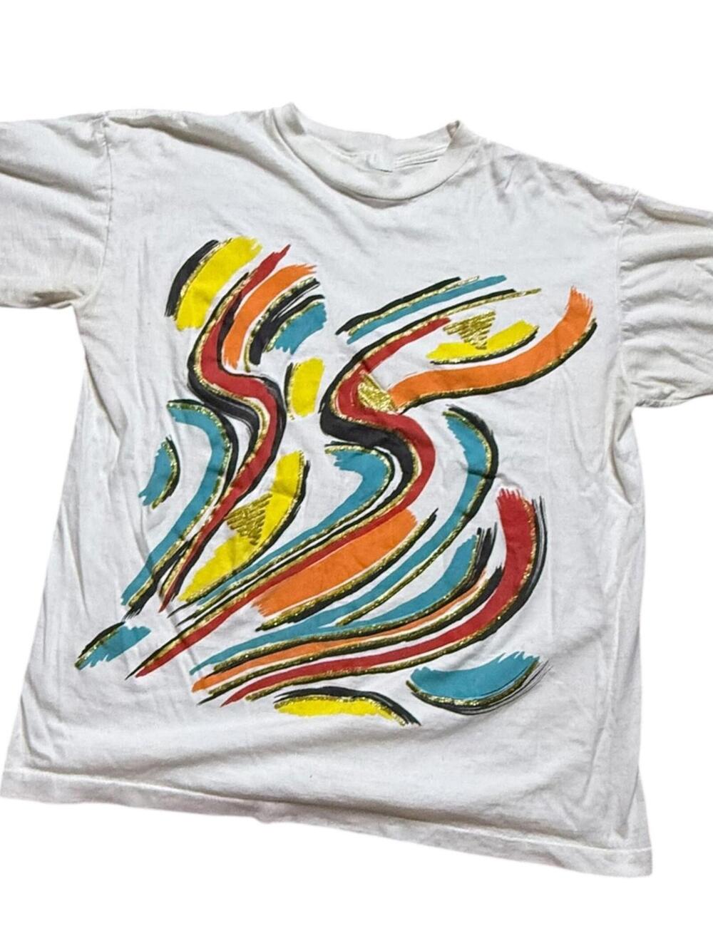 Vintage Abstract Brushstroke Graphic Tee 80s White Boxy Fit Size L
